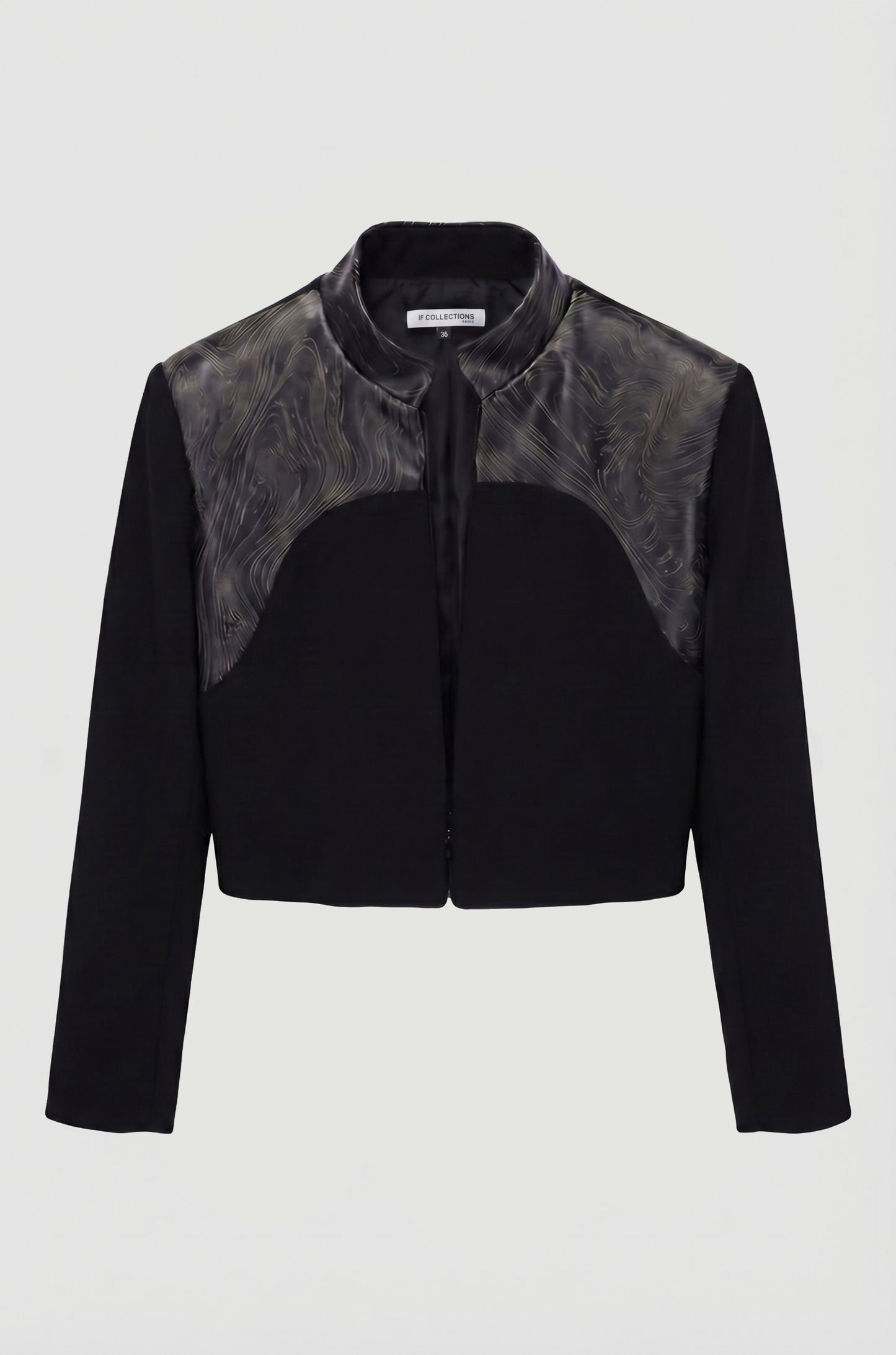 Engraved Hampstead Jacket front, upcycled wool and laser engraved leather, IF Collections Paris