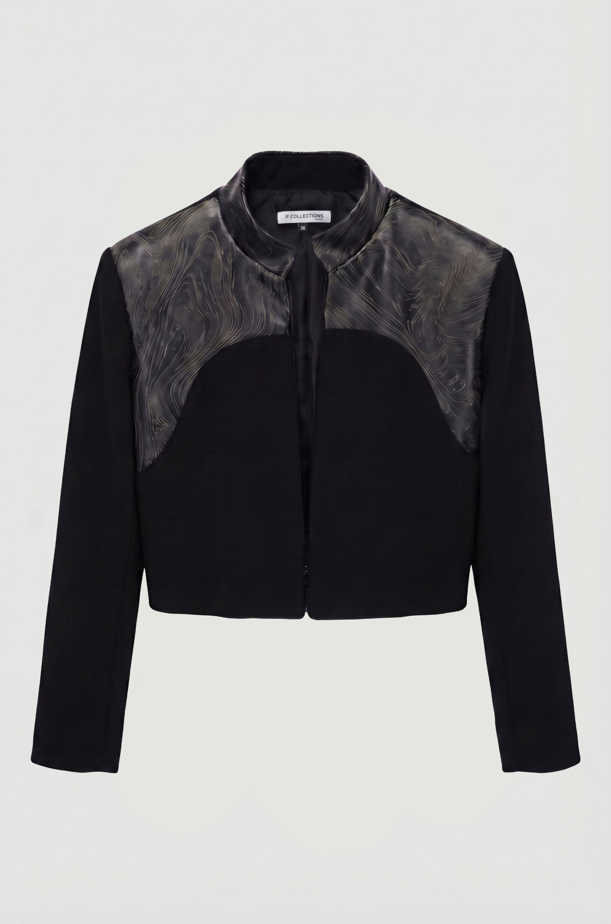 Engraved Hampstead Jacket front, upcycled wool and laser engraved leather, IF Collections Paris