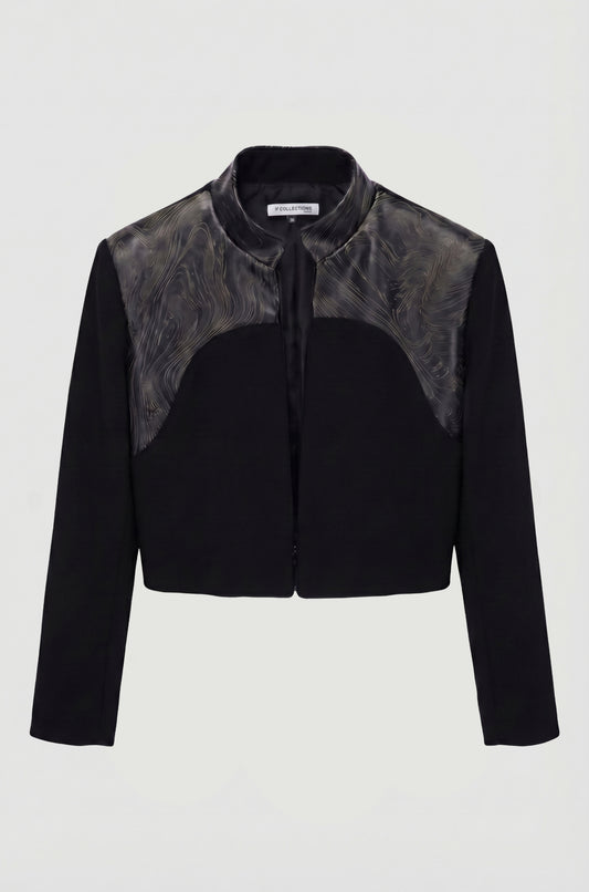 Engraved Hampstead Jacket front, upcycled wool and laser engraved leather, IF Collections Paris
