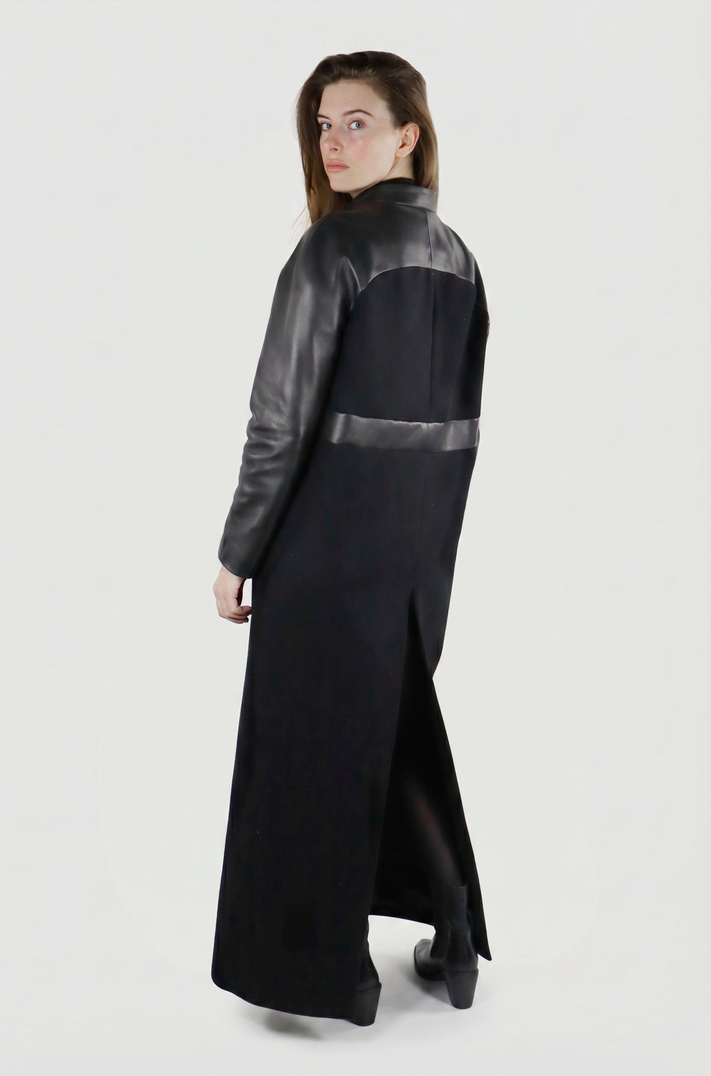 Black Raglan coat editorial, upcycled wool and leather, IF Collections Paris