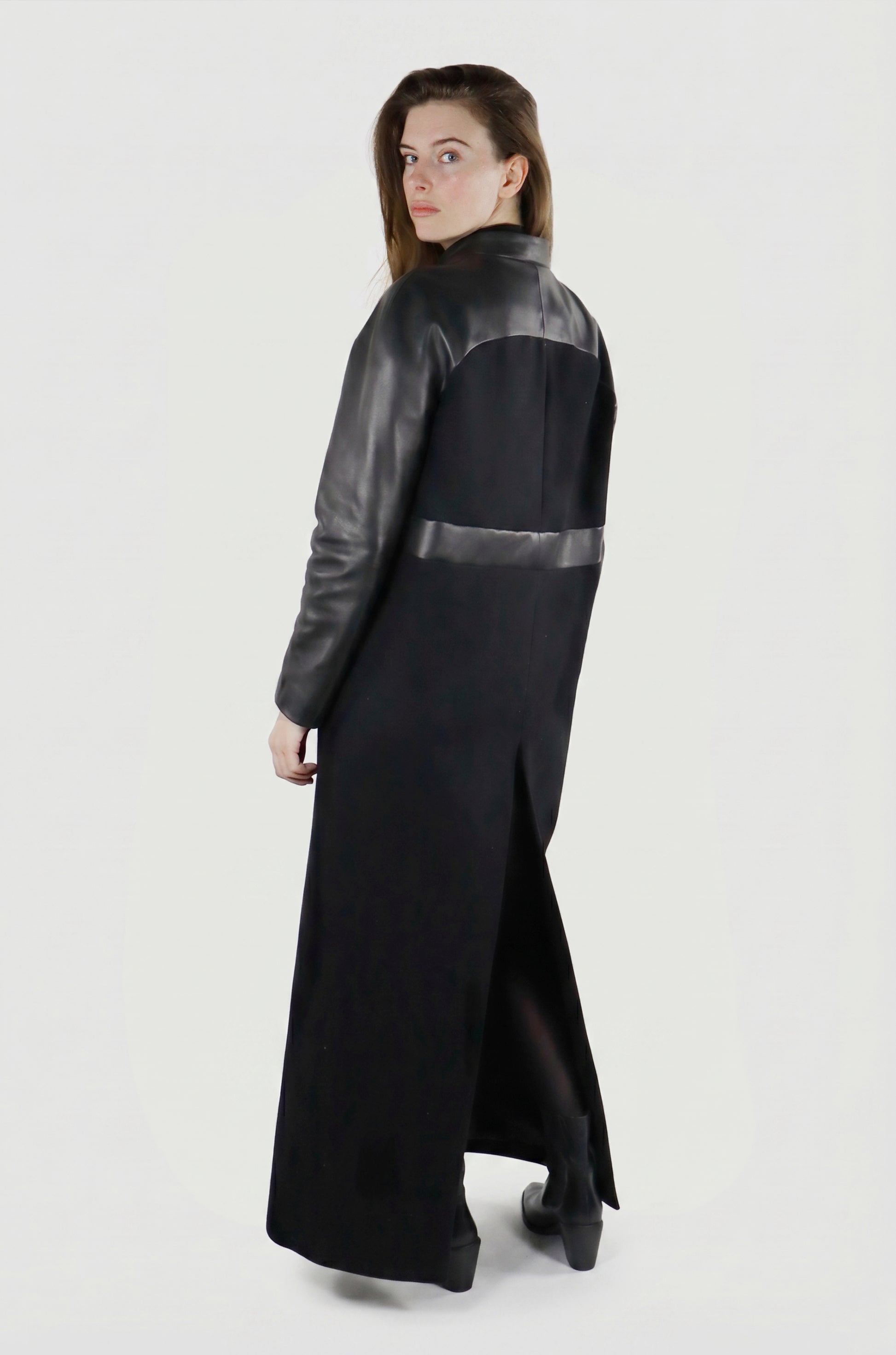 Black Raglan coat editorial, upcycled wool and leather, IF Collections Paris
