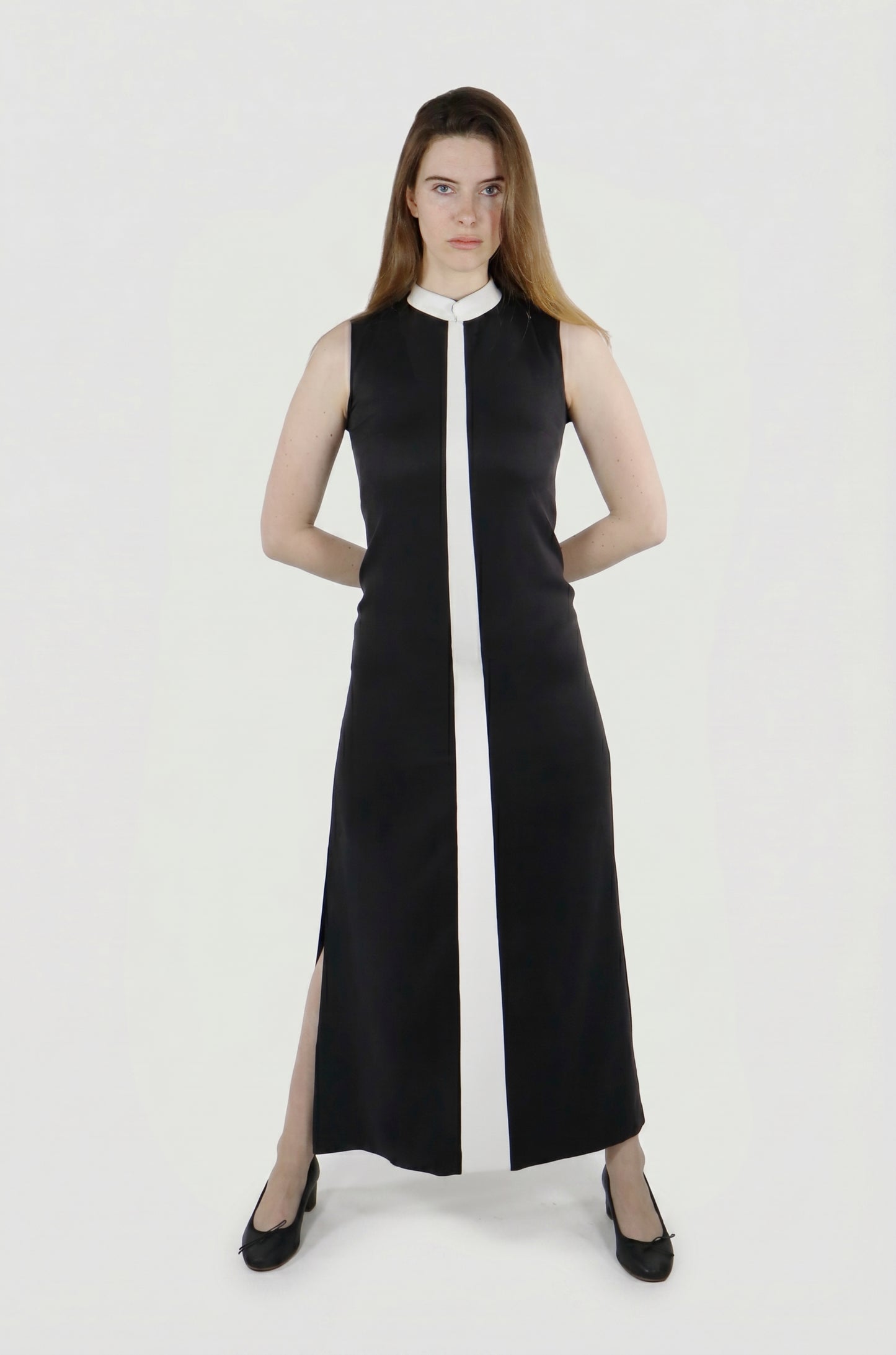 Black Kentish dress packshot front, lyocell and cactus fabric, white and black colorway, IF Collections Paris