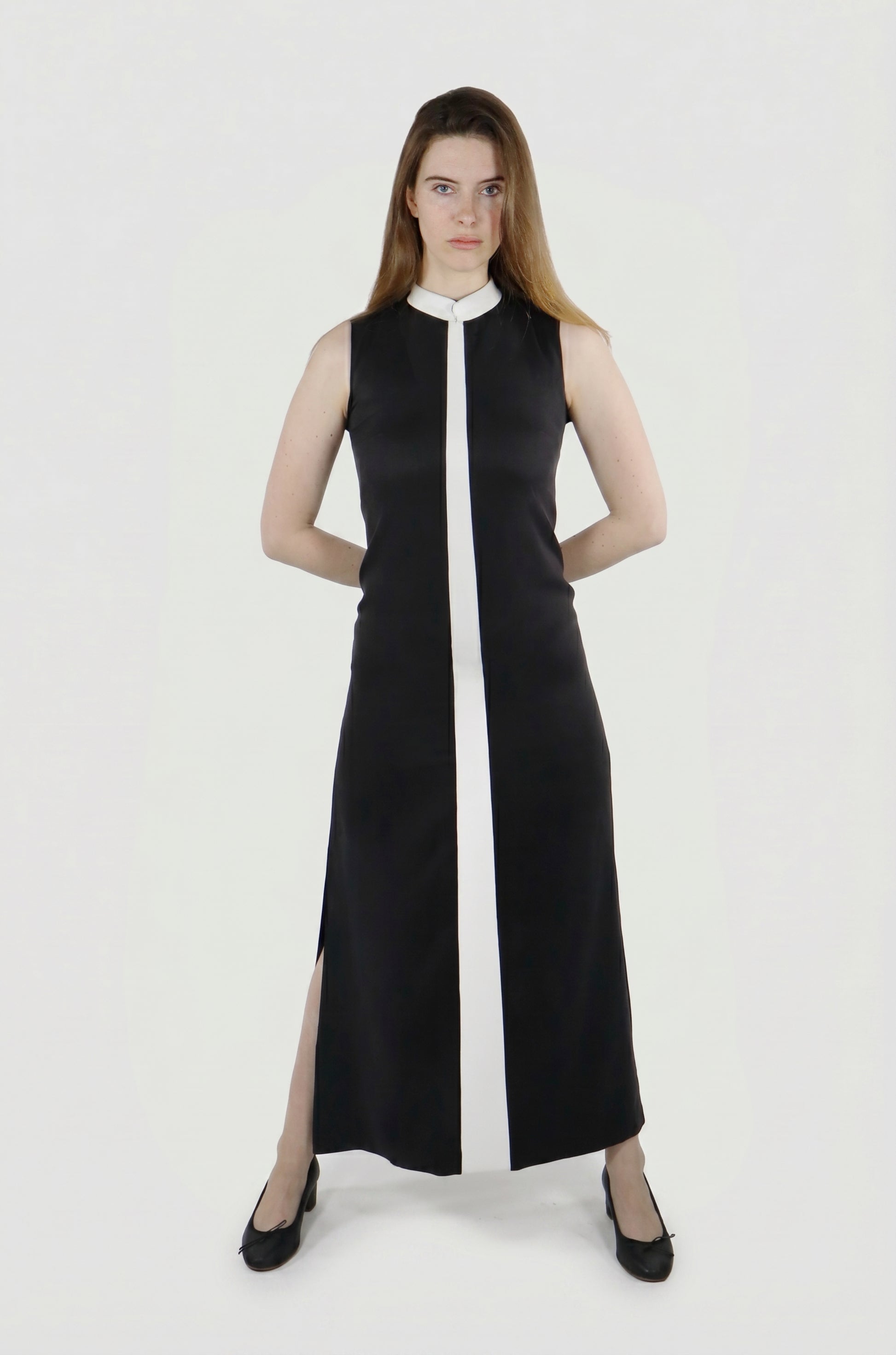 Black Kentish dress packshot front, lyocell and cactus fabric, white and black colorway, IF Collections Paris