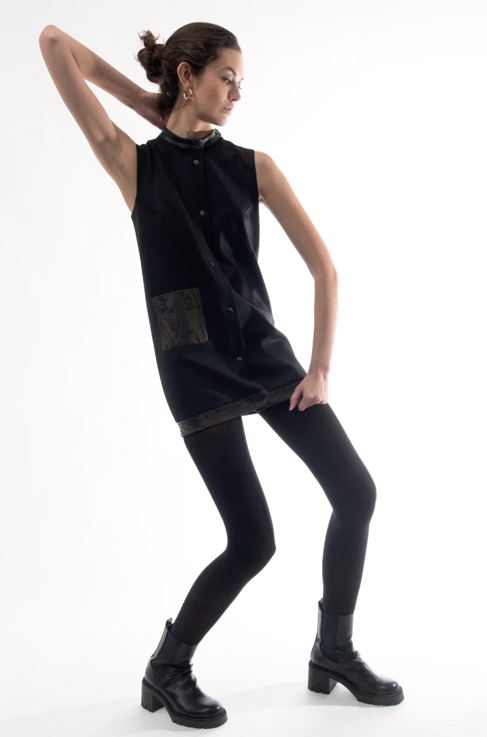 Siena dress detail, laser engraved leather panel and wool, IF Collections Paris