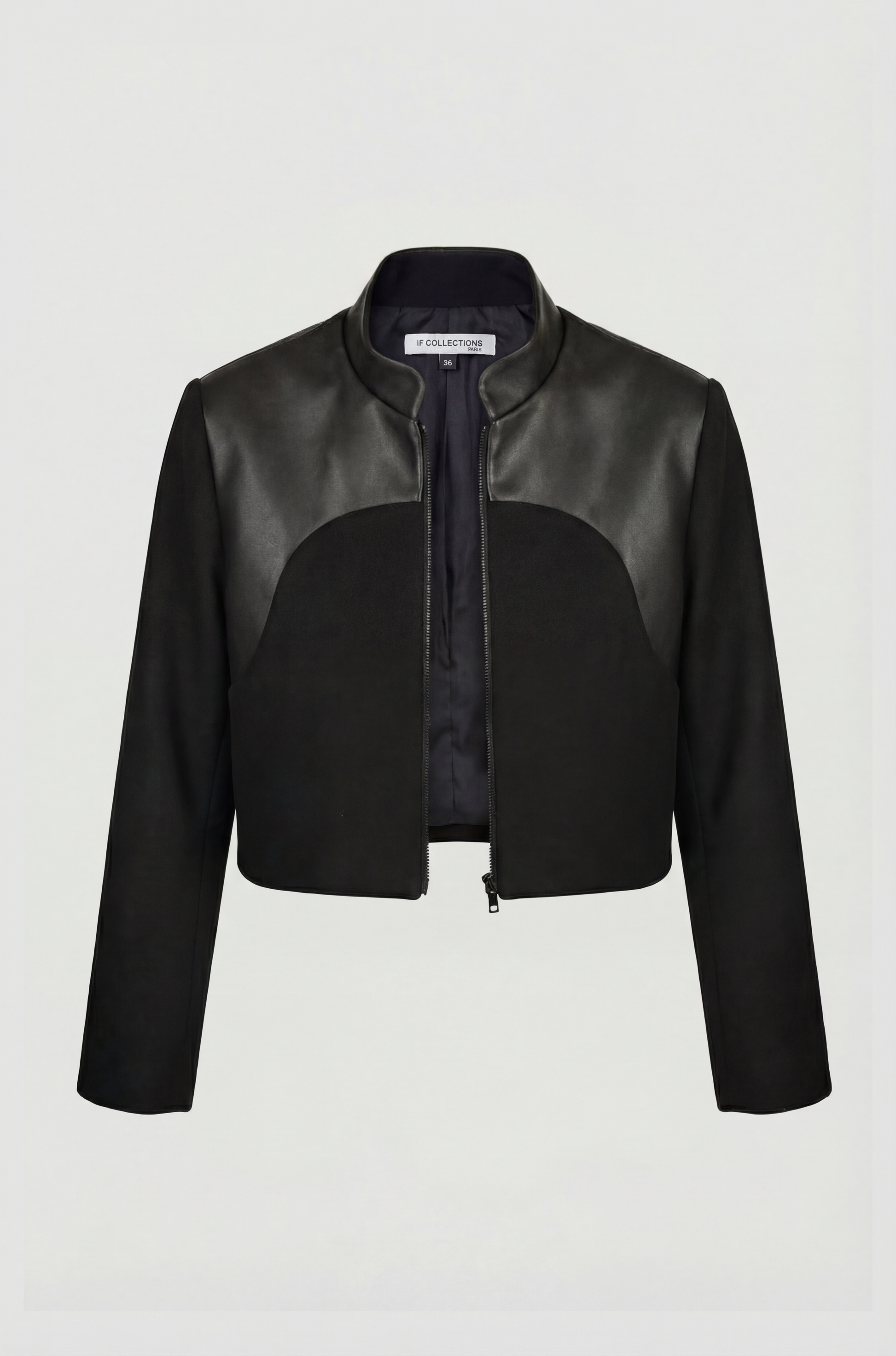 Black Hampstead Jacket packshot front, upcycled wool and black leather, IF Collections Paris