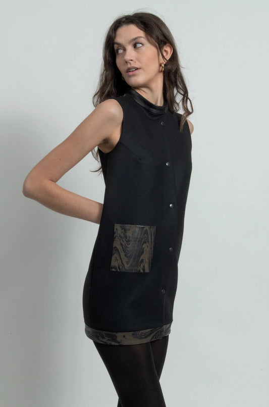 Siena mini dress, upcycled wool and laser engraved leather, front view, IF Collections Paris