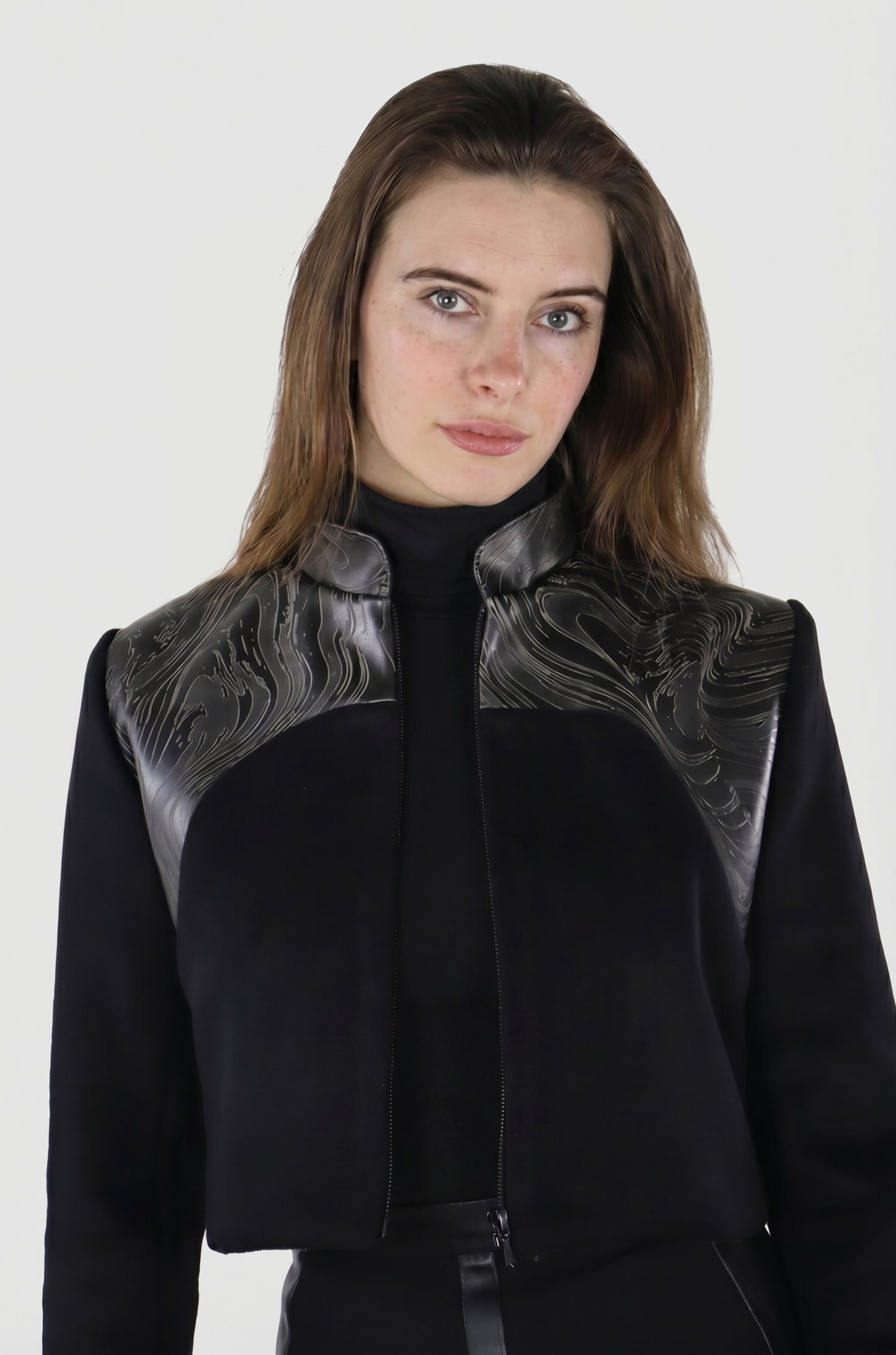 Engraved Hampstead Jacket back, upcycled wool and engraved leather, IF Collections Paris