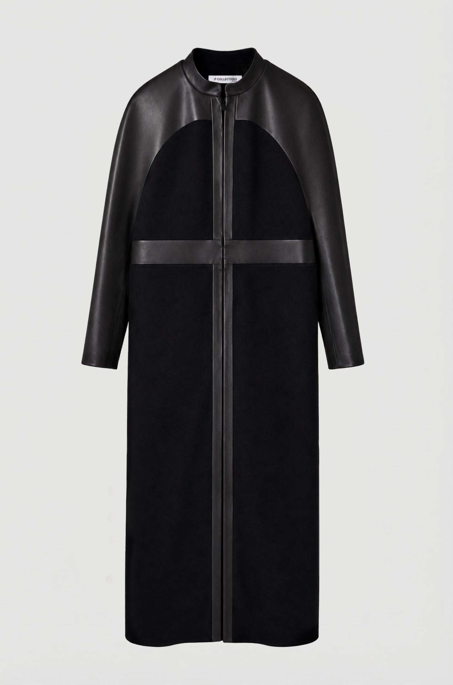 Black Raglan coat packshot front, upcycled wool and black leather, architectural silhouette, IF Collections Paris