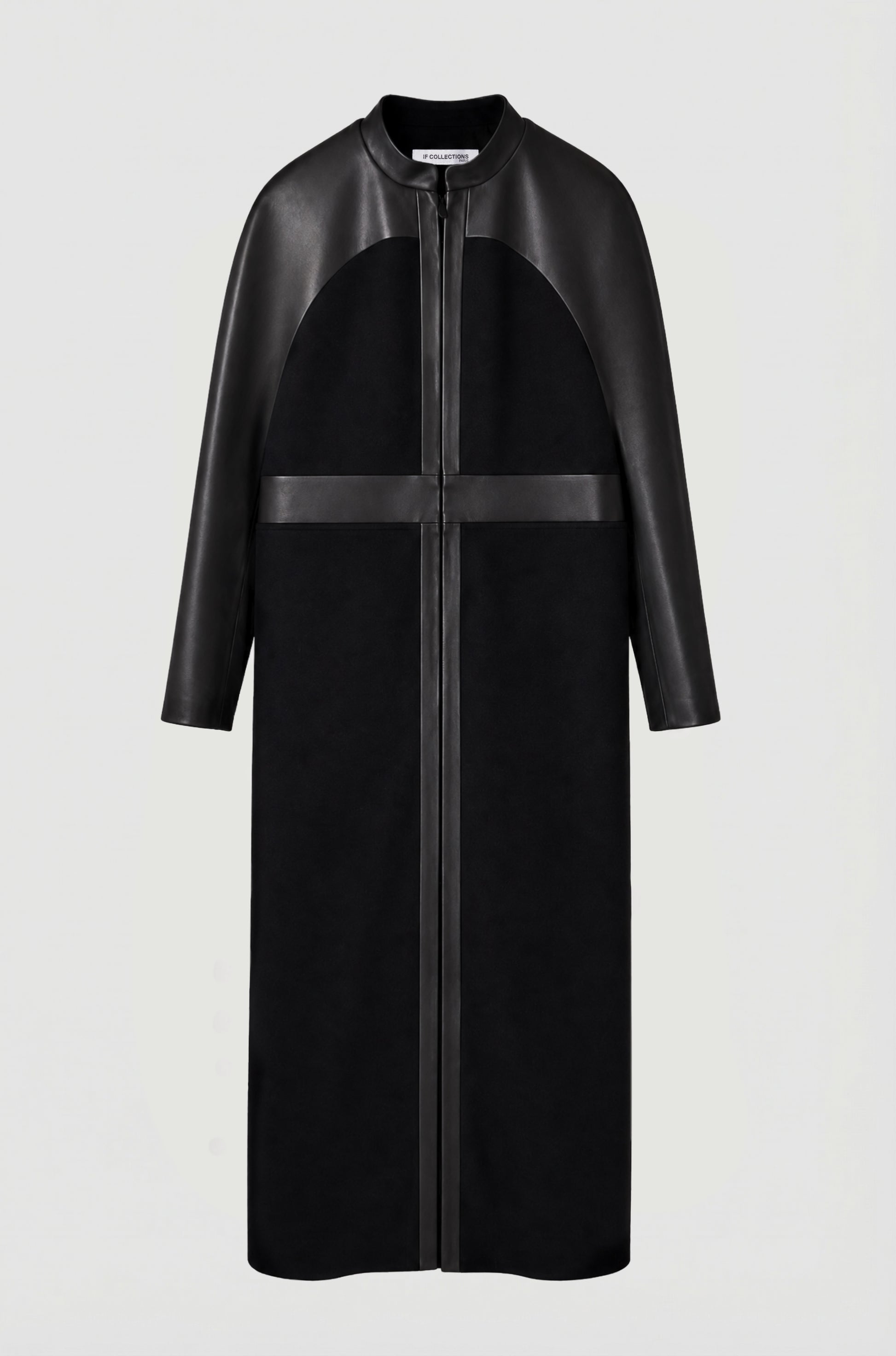 Black Raglan coat packshot front, upcycled wool and black leather, architectural silhouette, IF Collections Paris