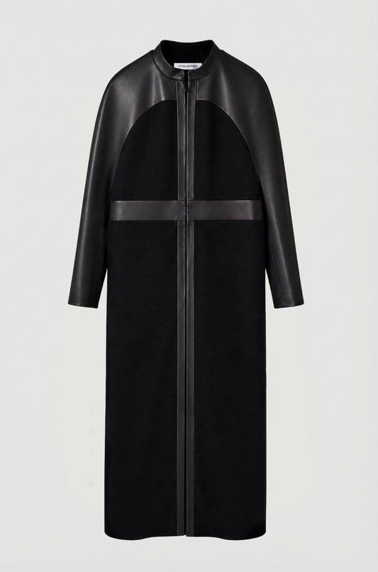 Black Raglan coat packshot front, upcycled wool and black leather, architectural silhouette, IF Collections Paris