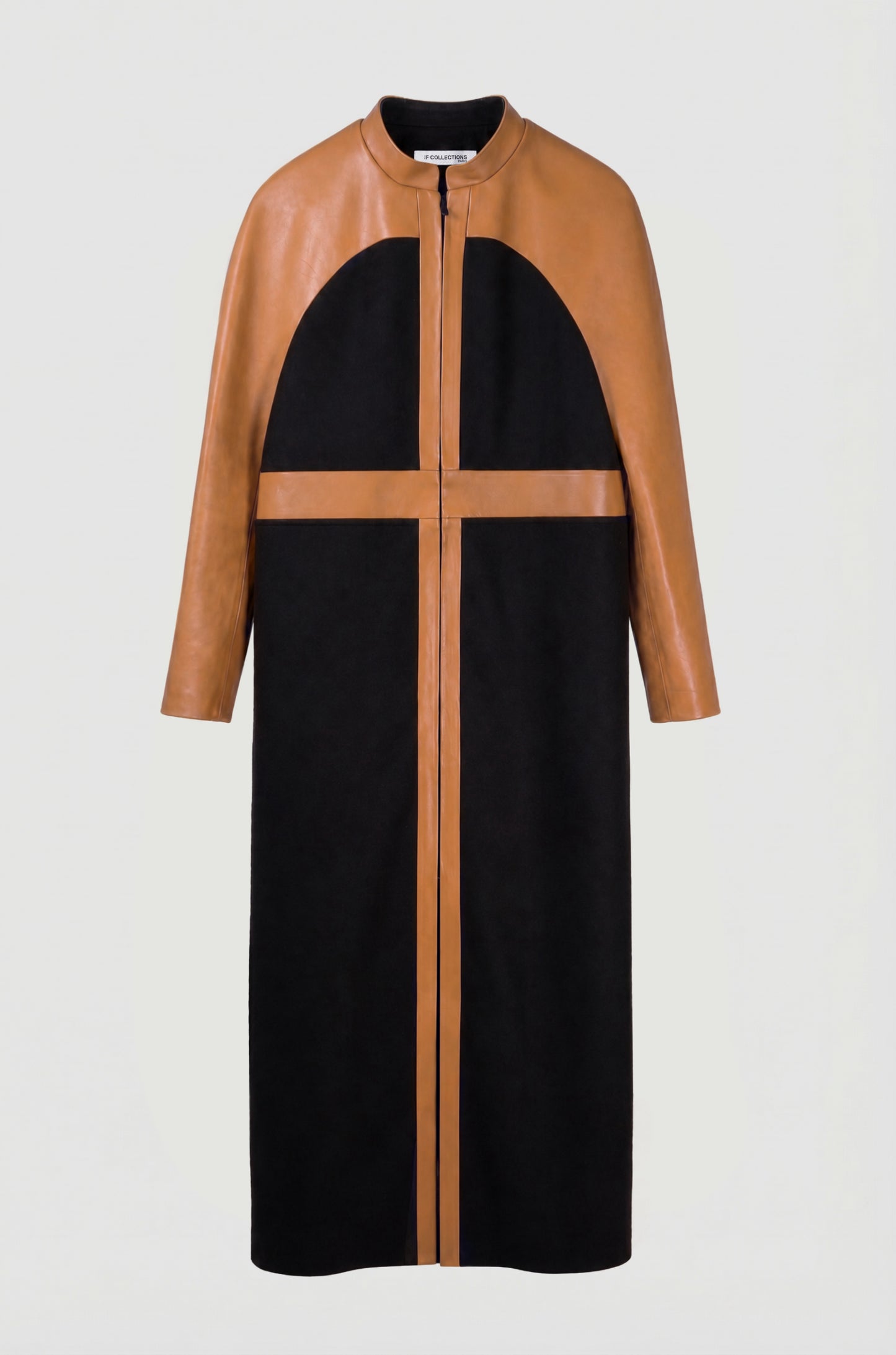 Brown Raglan coat packshot, upcycled wool and brown leather, IF Collections Paris