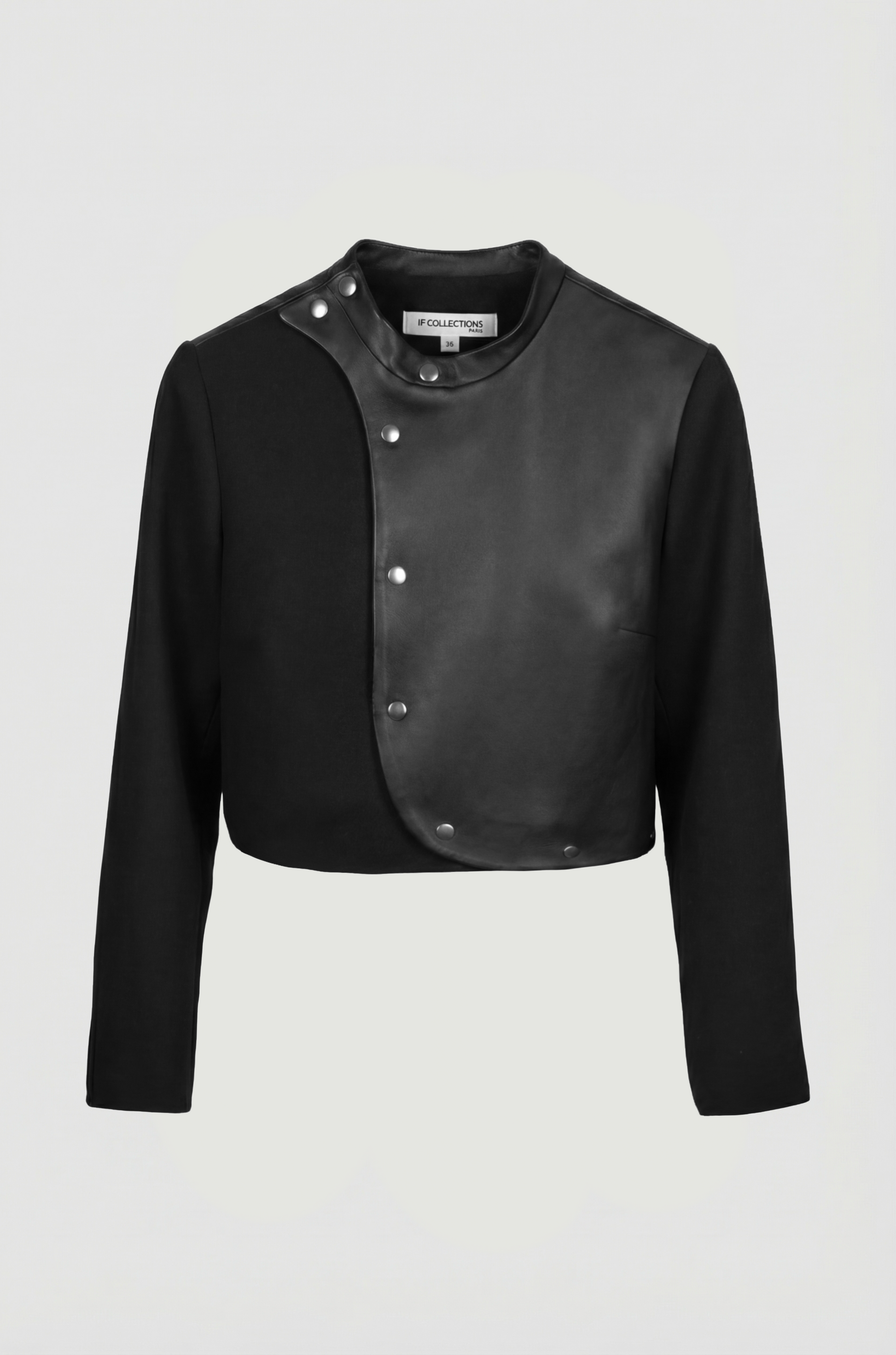 Berlin Jacket packshot front, upcycled wool and leather, IF Collections Paris