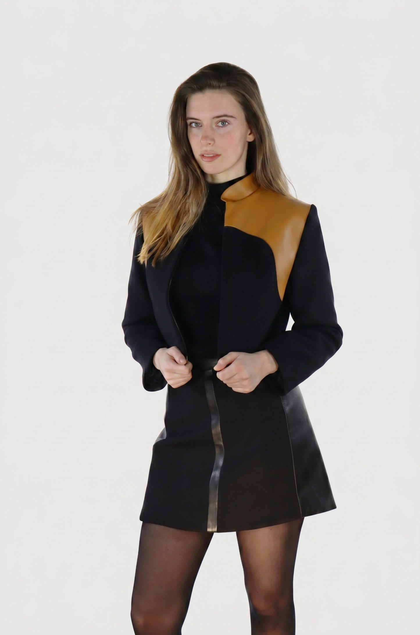 Brown Hampstead Jacket editorial, upcycled wool and leather, IF Collections Paris