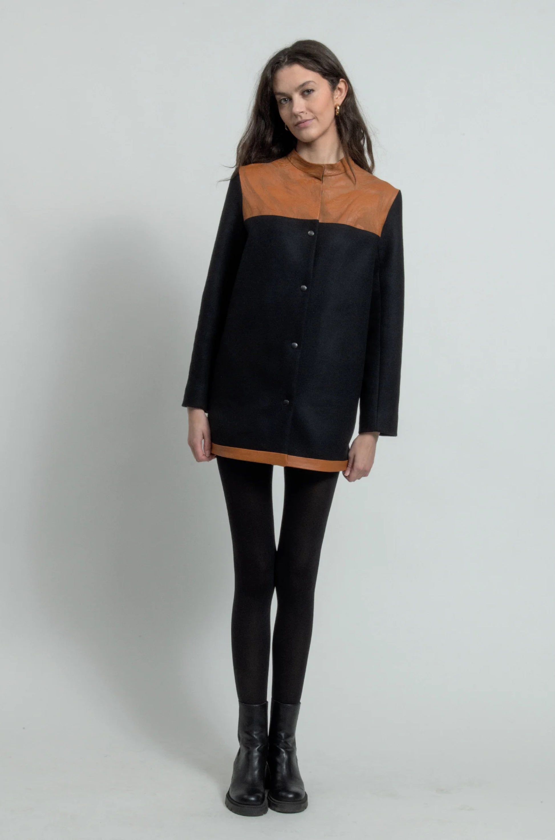 Katia coat front view, upcycled wool and engraved leather, IF Collections Paris