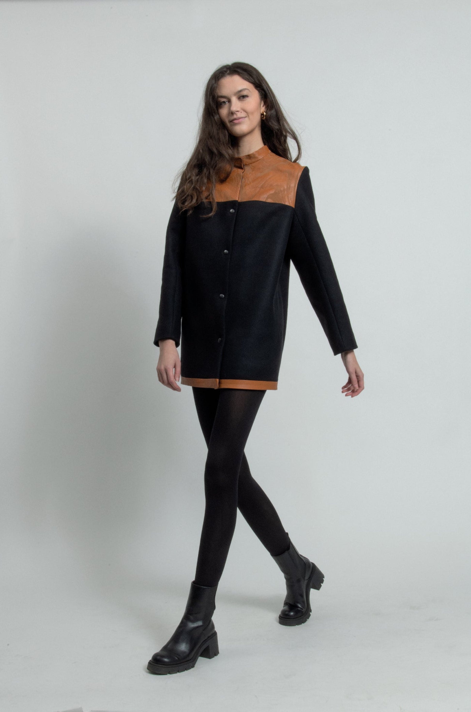 Katia coat editorial, upcycled wool and laser engraved leather, IF Collections Paris