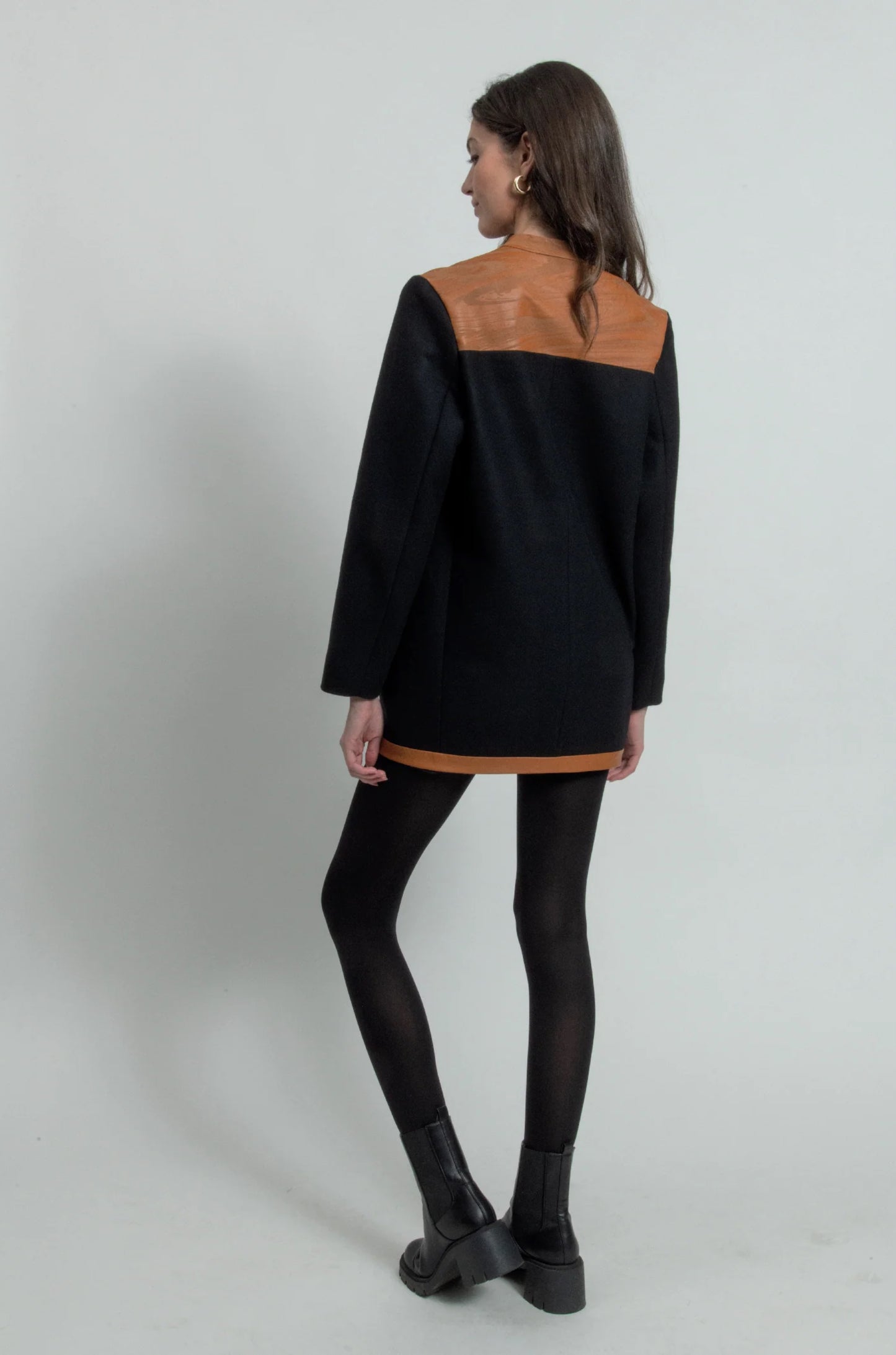 Katia coat editorial styled, upcycled wool and leather, IF Collections Paris