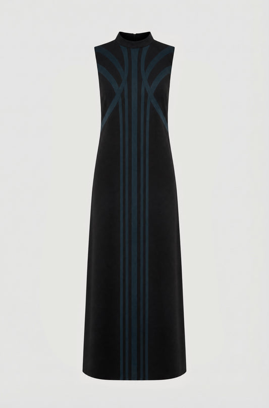Mucha long dress packshot, wool jersey, symmetrical cuts with side slits, IF Collections Paris