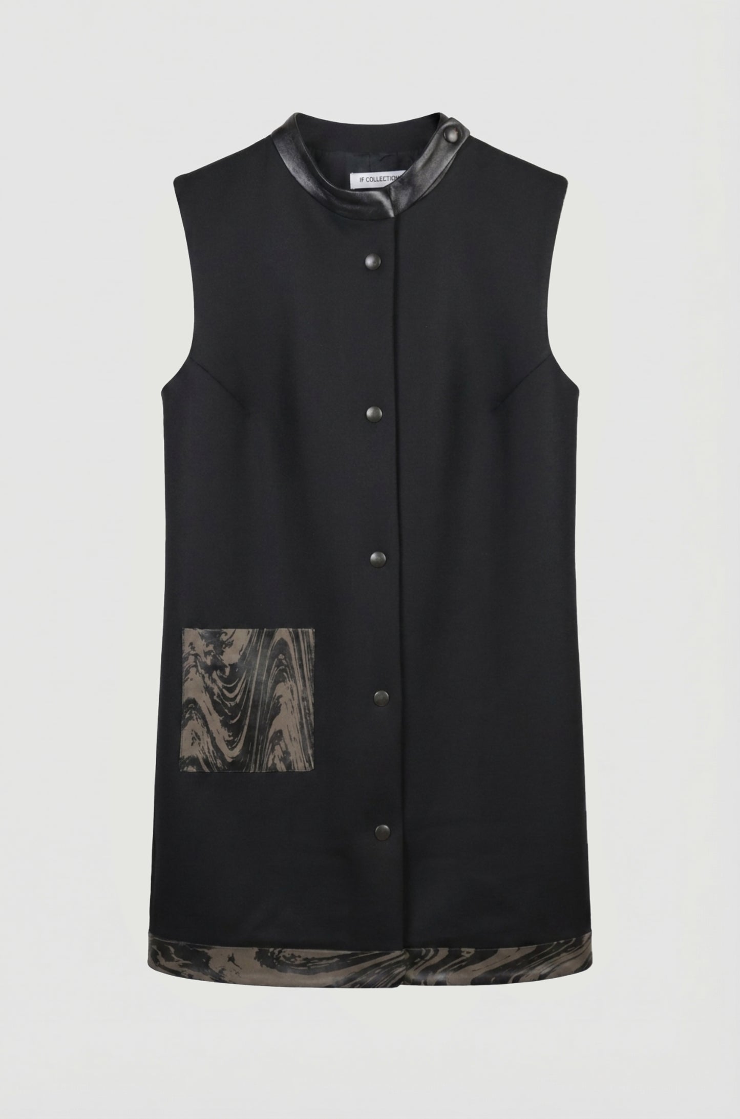 Siena dress packshot front, upcycled wool and laser engraved leather, IF Collections Paris